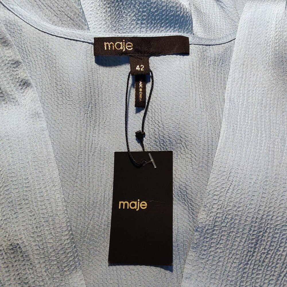 NWT Maje Revolver Hammered Crepe Baby Blue Ruched Sleeve Mini Dress - 42 (10) - Picture 12 of 16